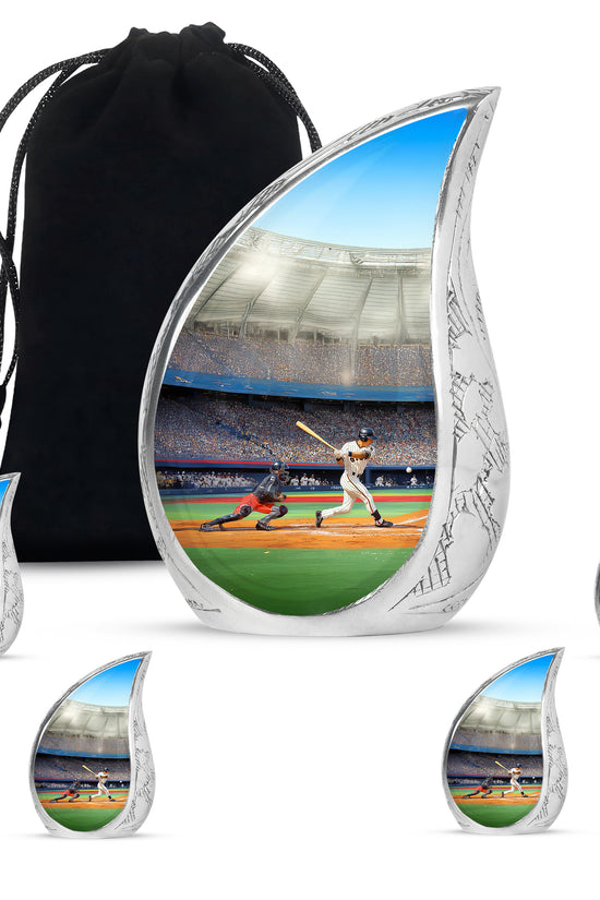 Ebony Baseball Cremation Urn side profile showing urn shape - rounded teardrop baseball design with delicate detail - memorial set with one large and four small urns