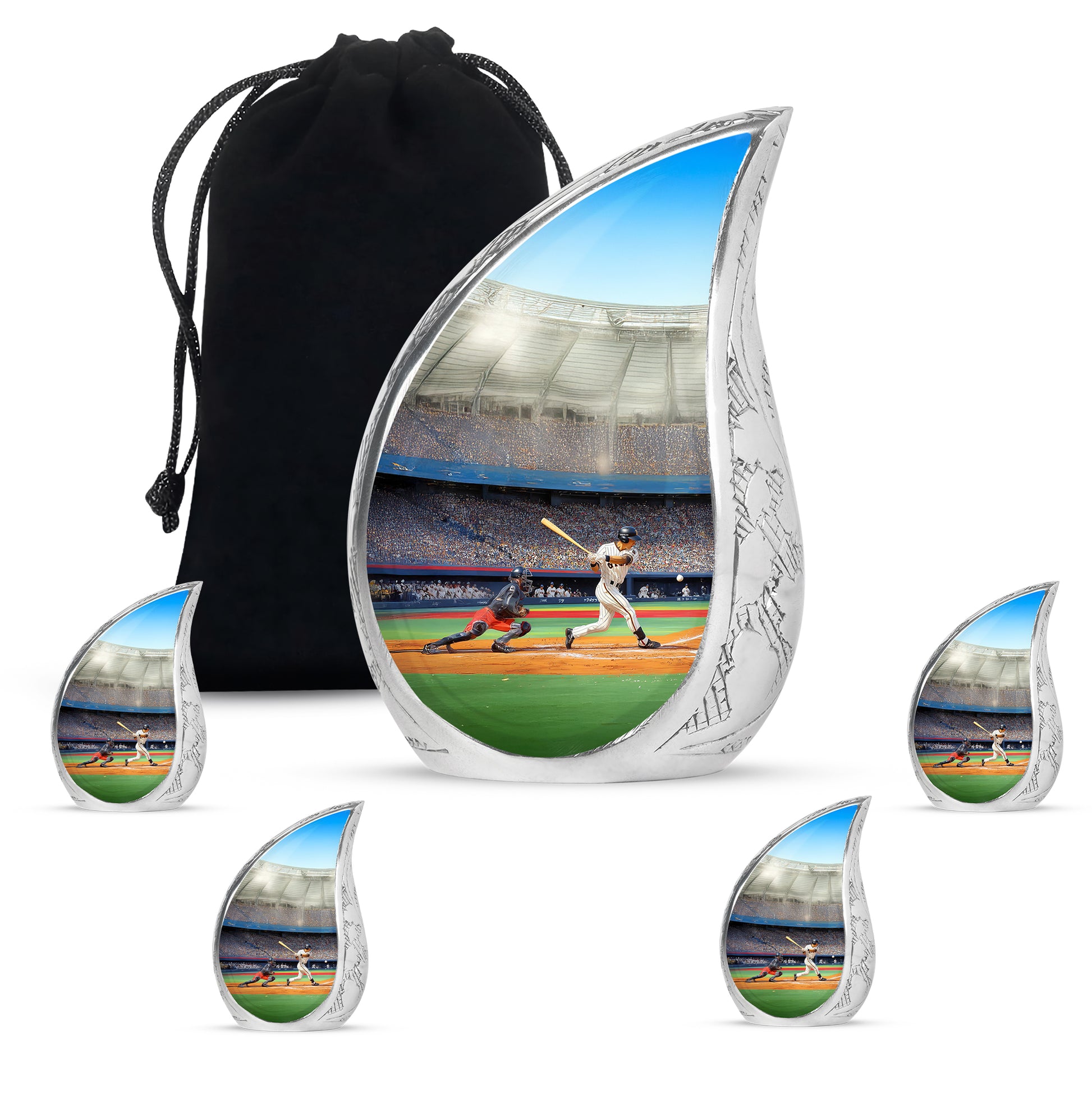 Ebony Baseball Cremation Urn side profile showing urn shape - rounded teardrop baseball design with delicate detail - memorial set with one large and four small urns