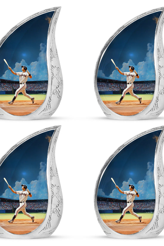 Vivid Blue Baseball Cremation Urn close-up of engraving and surface detail - smooth teardrop contour featuring baseball art - 10 inch aluminum urn for cremated remains