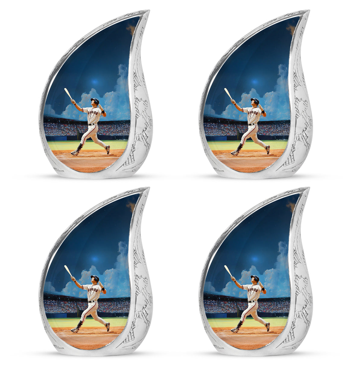 Vivid Blue Baseball Cremation Urn close-up of engraving and surface detail - smooth teardrop contour featuring baseball art - 10 inch aluminum urn for cremated remains