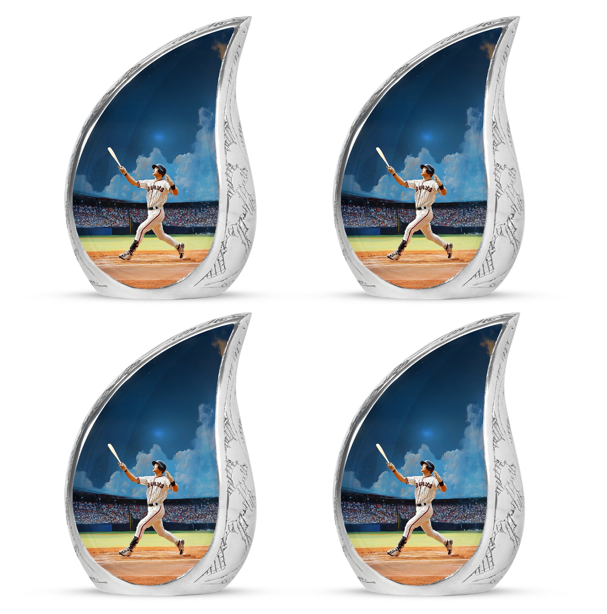 Vivid Blue Baseball Cremation Urn close-up of engraving and surface detail - smooth teardrop contour featuring baseball art - 10 inch aluminum urn for cremated remains