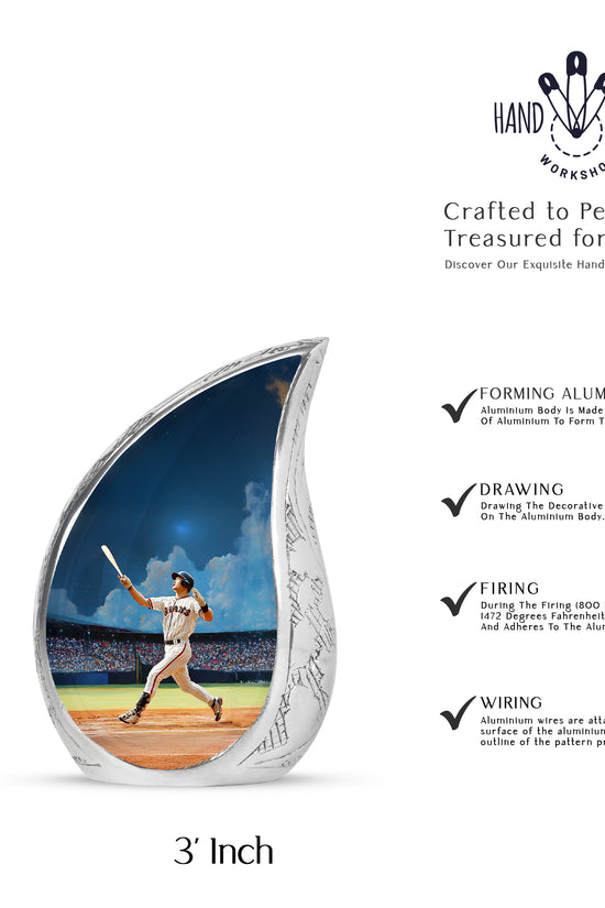 Cobalt Blue Baseball Cremation Urn angled view of lid and engraved motif - smooth teardrop contour featuring baseball art - mini keepsake memorial for portion of cremation ashes