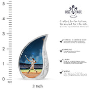 Cobalt Blue Baseball Cremation Urn angled view of lid and engraved motif - smooth teardrop contour featuring baseball art - mini keepsake memorial for portion of cremation ashes