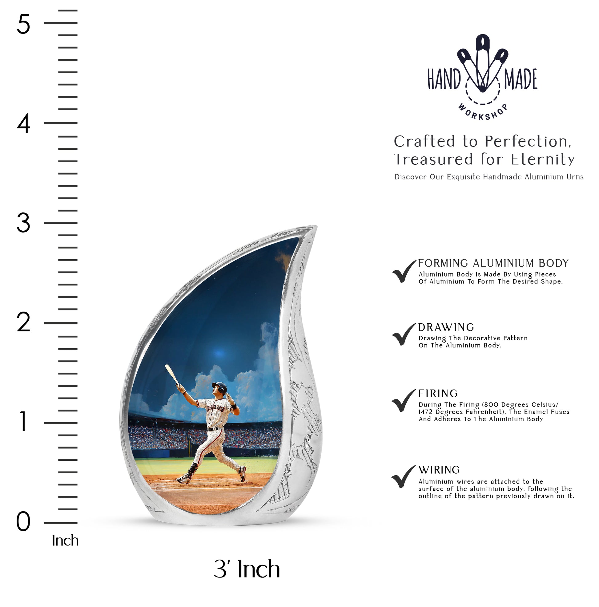 Cobalt Blue Baseball Cremation Urn angled view of lid and engraved motif - smooth teardrop contour featuring baseball art - mini keepsake memorial for portion of cremation ashes