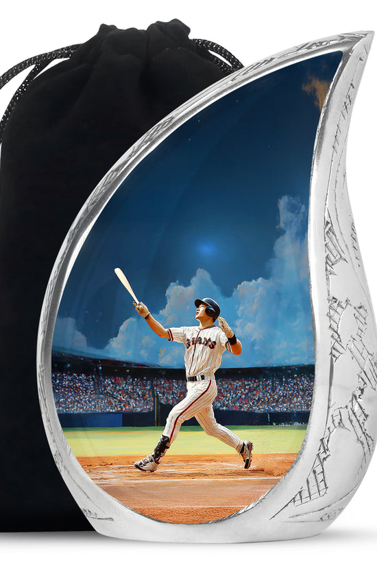 Soft Blue Baseball Cremation Urn front view showing detailed design - graceful tear-shaped urn with baseball motif - full-size 10 inch 200 cubic inch adult cremation urn
