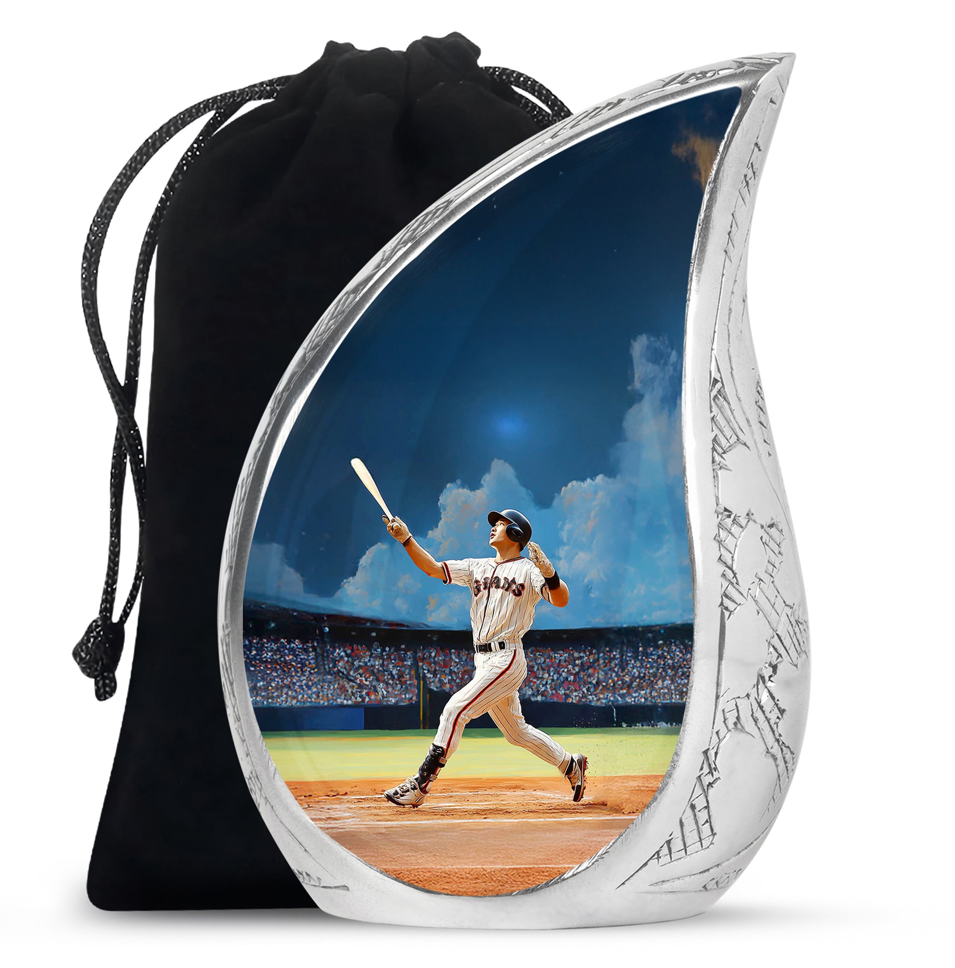 Soft Blue Baseball Cremation Urn front view showing detailed design - graceful tear-shaped urn with baseball motif - full-size 10 inch 200 cubic inch adult cremation urn