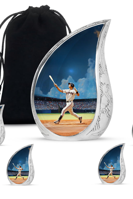 Calming Blue Baseball Cremation Urn side profile showing urn shape - smooth teardrop contour featuring baseball art - memorial set with one large and four small urns