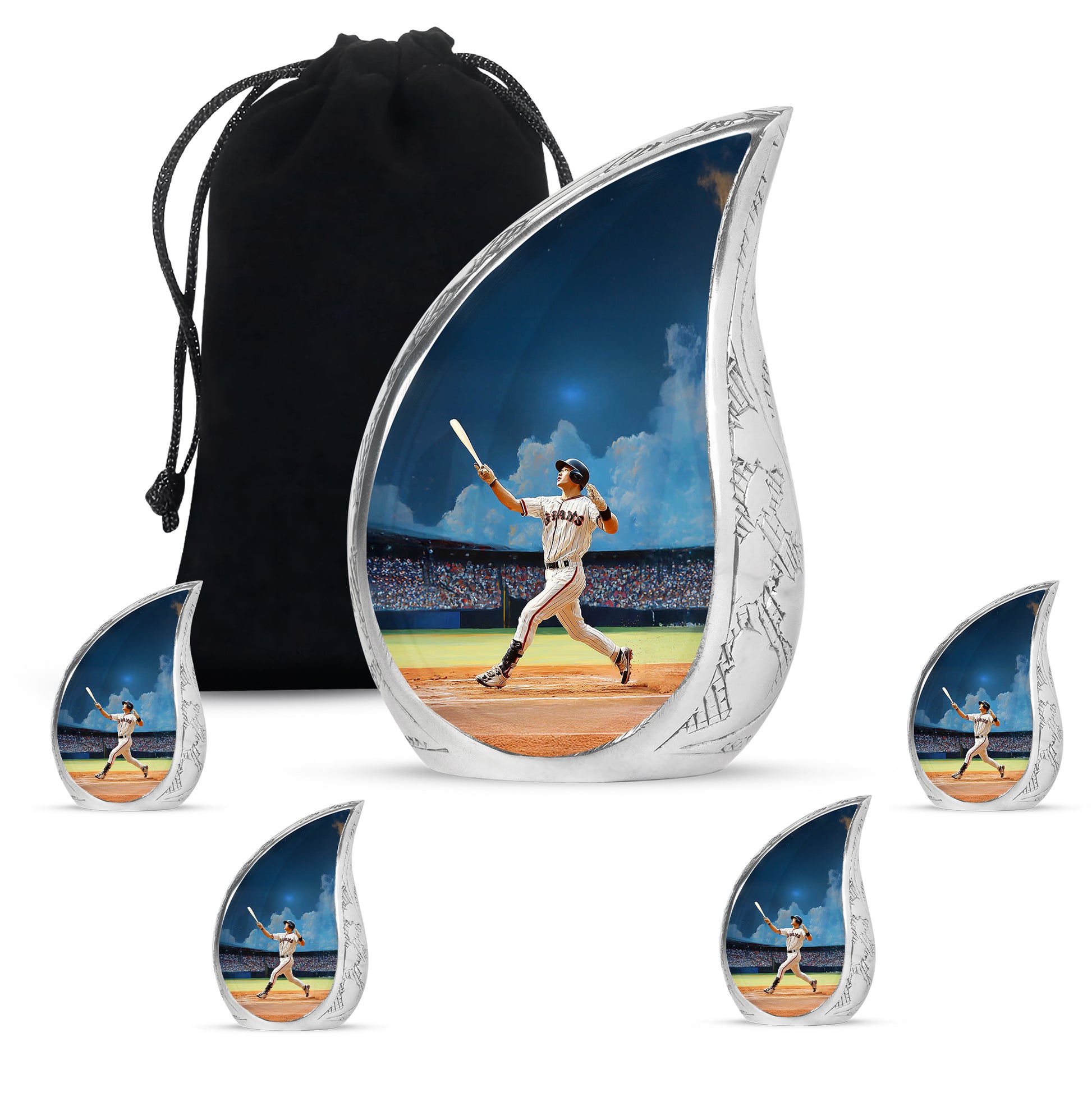Calming Blue Baseball Cremation Urn side profile showing urn shape - smooth teardrop contour featuring baseball art - memorial set with one large and four small urns