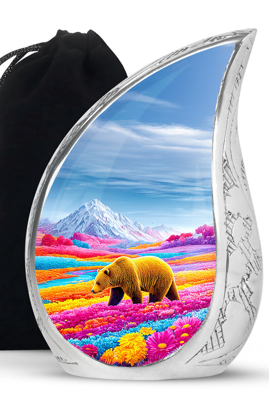 Brown Bear Funeral Urn - Colorful Flower Field Memorial Urn For Human Ashes