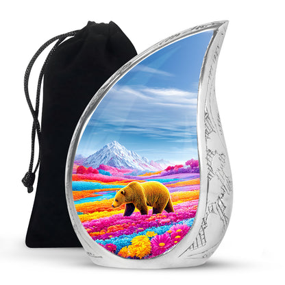 Brown Bear Funeral Urn - Colorful Flower Field Memorial Urn For Human Ashes