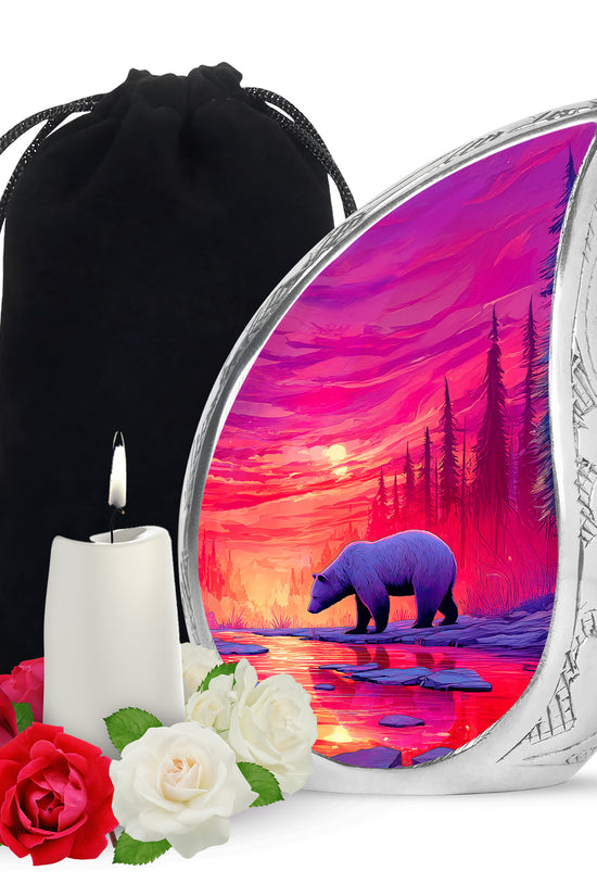 Red Sunset Bear Cremation Urn - Forest Landscape Urn For Loved Ones