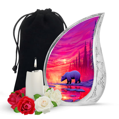 Red Sunset Bear Cremation Urn - Forest Landscape Urn For Loved Ones