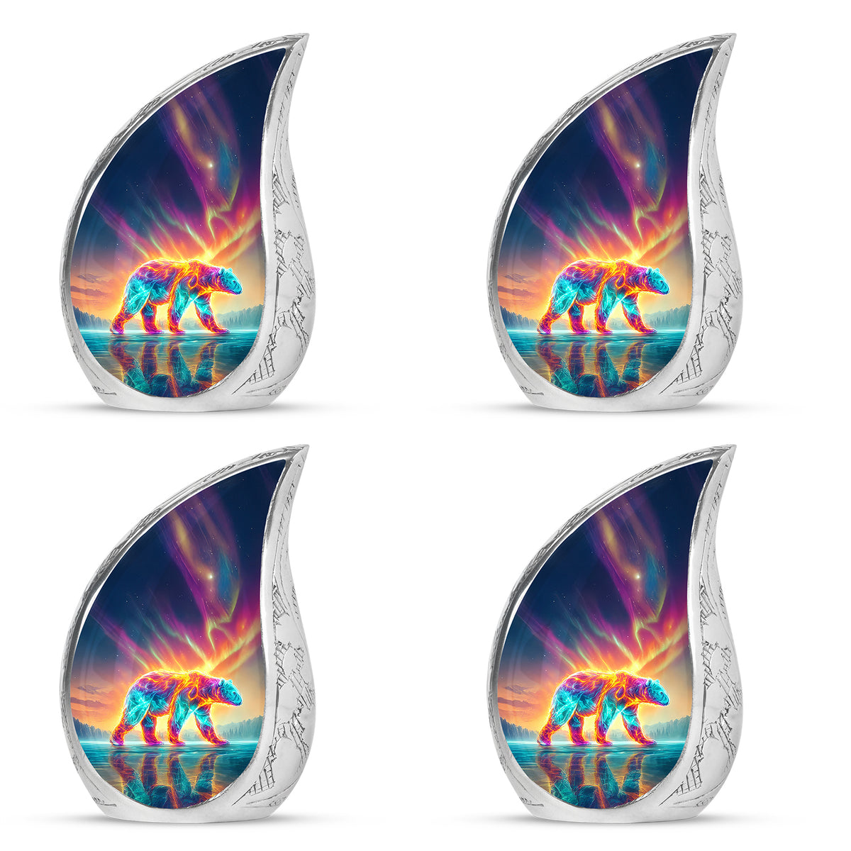 Steel Blue Bear Cremation Urn close-up of engraving and surface detail - graceful tear-shaped urn with bear motif - 10 inch aluminum urn for cremated remains