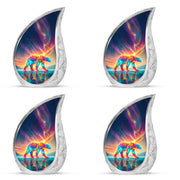 Steel Blue Bear Cremation Urn close-up of engraving and surface detail - graceful tear-shaped urn with bear motif - 10 inch aluminum urn for cremated remains