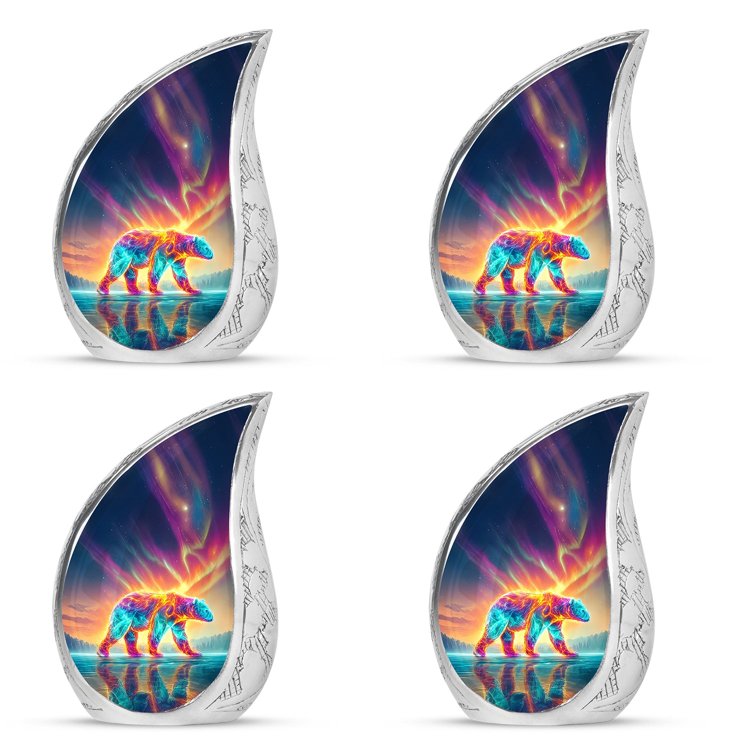 Steel Blue Bear Cremation Urn close-up of engraving and surface detail - graceful tear-shaped urn with bear motif - 10 inch aluminum urn for cremated remains