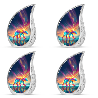 Steel Blue Bear Cremation Urn close-up of engraving and surface detail - graceful tear-shaped urn with bear motif - 10 inch aluminum urn for cremated remains