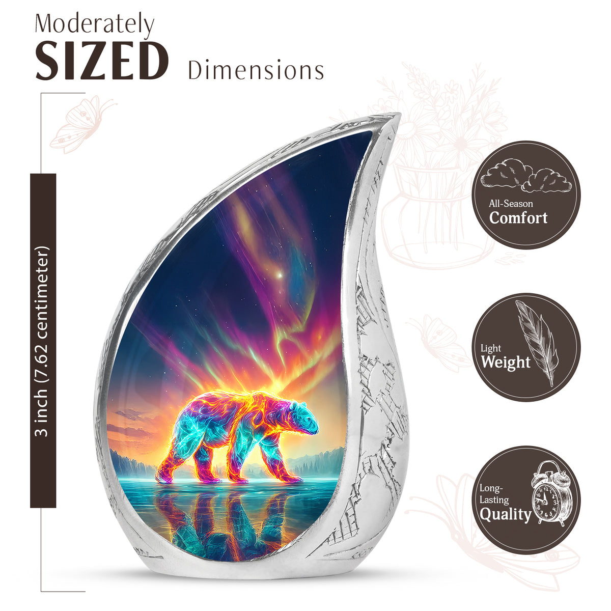 Soft Blue Bear Cremation Urn angled view of lid and engraved motif - smooth teardrop contour featuring bear art - mini keepsake memorial for portion of cremation ashes