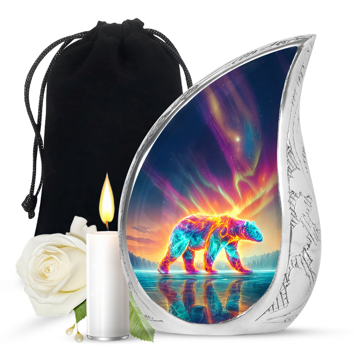 Serene Blue Bear Cremation Urn front view showing detailed design - graceful tear-shaped urn with bear motif - full-size 10 inch 200 cubic inch adult cremation urn