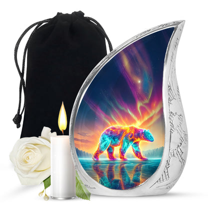 Serene Blue Bear Cremation Urn front view showing detailed design - graceful tear-shaped urn with bear motif - full-size 10 inch 200 cubic inch adult cremation urn