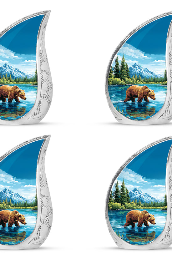Sapphire Blue Bear Cremation Urn close-up of engraving and surface detail - smooth teardrop contour featuring bear art - 10 inch aluminum urn for cremated remains