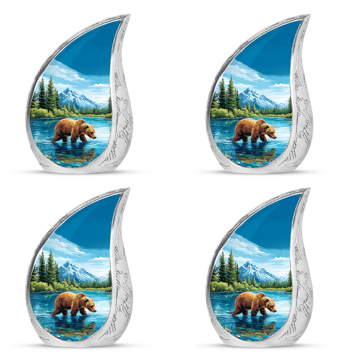 Sapphire Blue Bear Cremation Urn close-up of engraving and surface detail - smooth teardrop contour featuring bear art - 10 inch aluminum urn for cremated remains