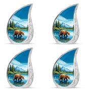 Sapphire Blue Bear Cremation Urn close-up of engraving and surface detail - smooth teardrop contour featuring bear art - 10 inch aluminum urn for cremated remains