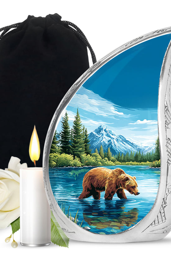 Sapphire Blue Bear Cremation Urn front view showing detailed design - smooth teardrop contour featuring bear art - full-size 10 inch 200 cubic inch adult cremation urn