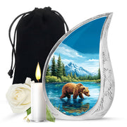 Sapphire Blue Bear Cremation Urn front view showing detailed design - smooth teardrop contour featuring bear art - full-size 10 inch 200 cubic inch adult cremation urn