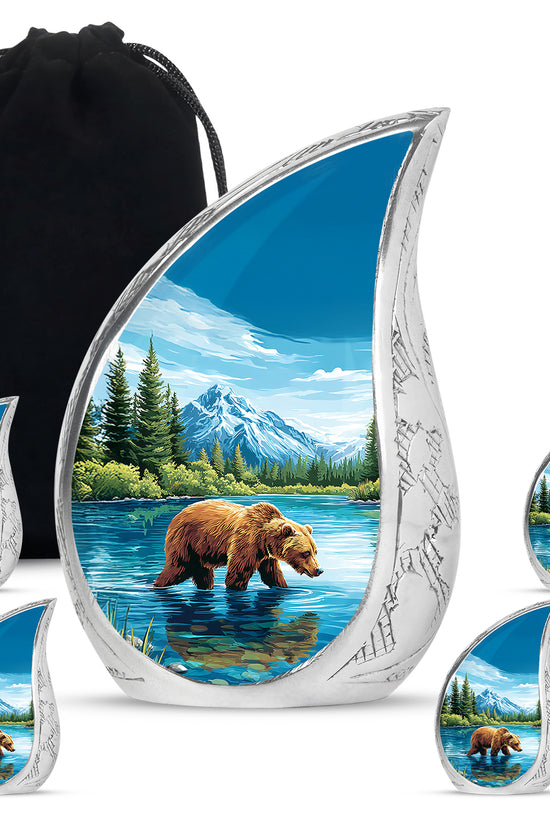 Soft Blue Bear Cremation Urn side profile showing urn shape - smooth teardrop contour featuring bear art - memorial set with one large and four small urns