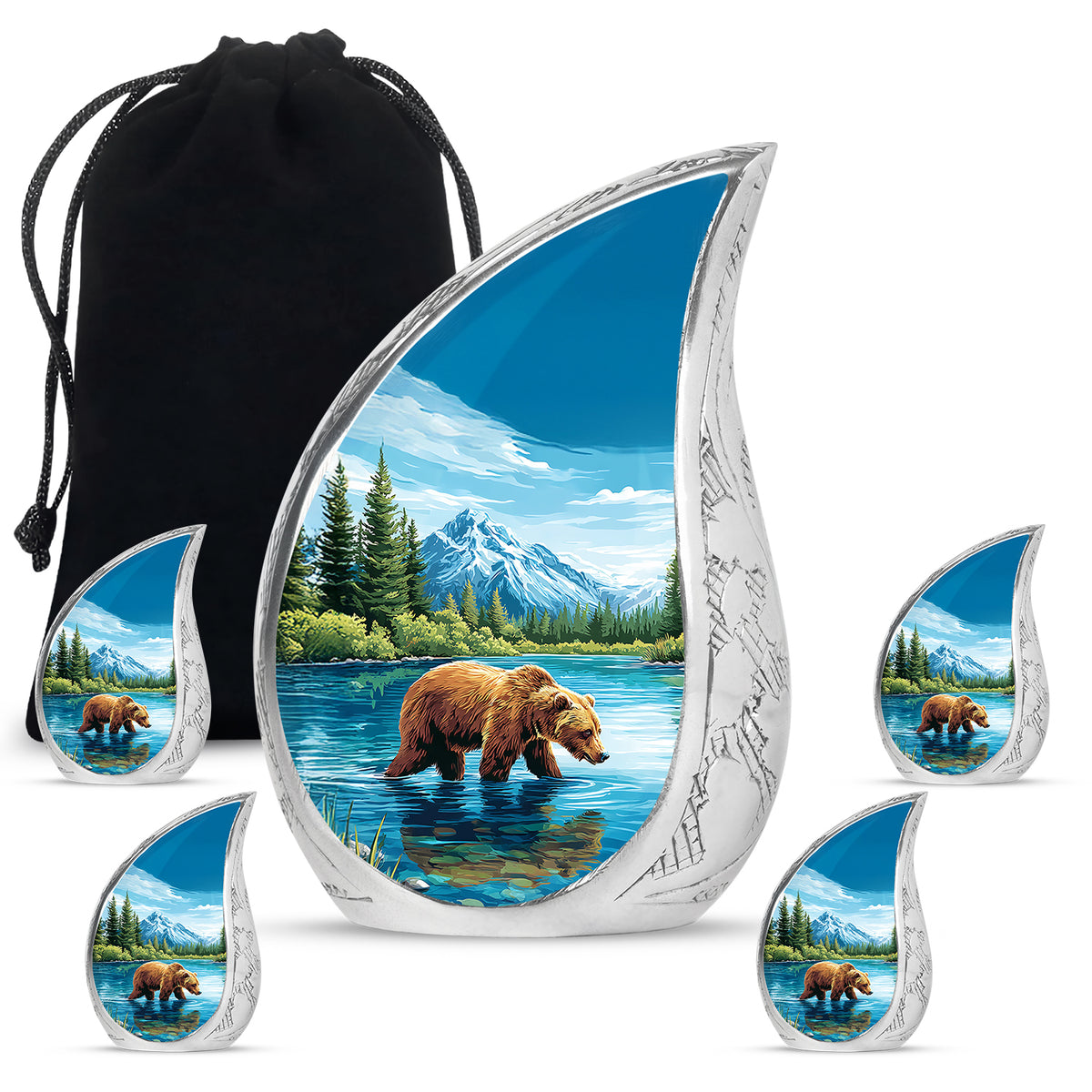 Soft Blue Bear Cremation Urn side profile showing urn shape - smooth teardrop contour featuring bear art - memorial set with one large and four small urns