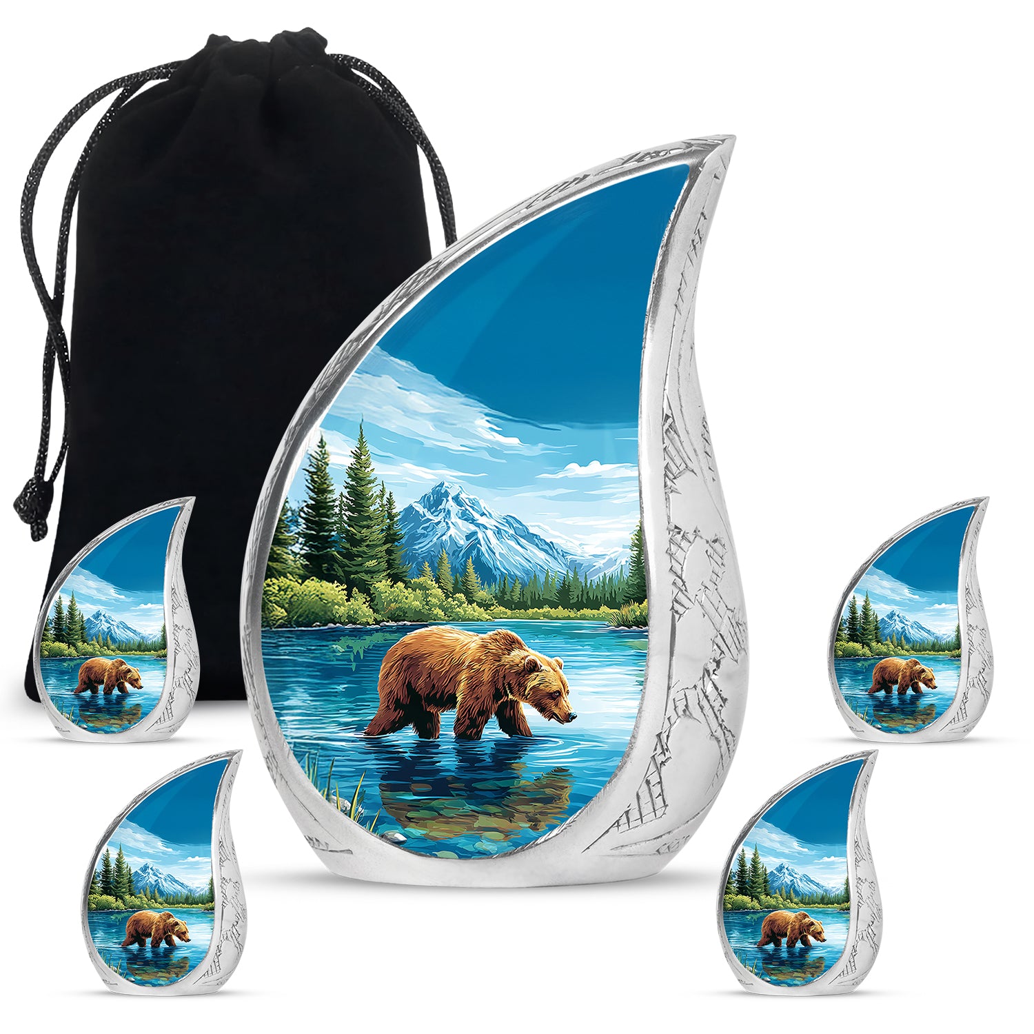 Soft Blue Bear Cremation Urn side profile showing urn shape - smooth teardrop contour featuring bear art - memorial set with one large and four small urns