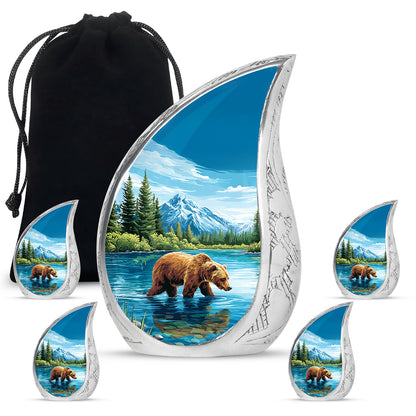 Soft Blue Bear Cremation Urn side profile showing urn shape - smooth teardrop contour featuring bear art - memorial set with one large and four small urns
