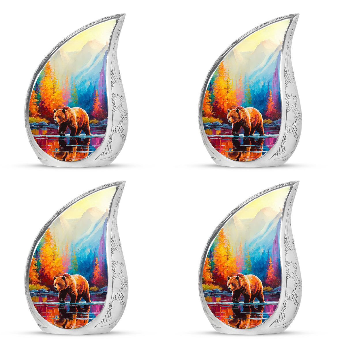Icy Blue Bear Cremation Urn close-up of engraving and surface detail - flowing teardrop bear silhouette on curved aluminum - 10 inch aluminum urn for cremated remains