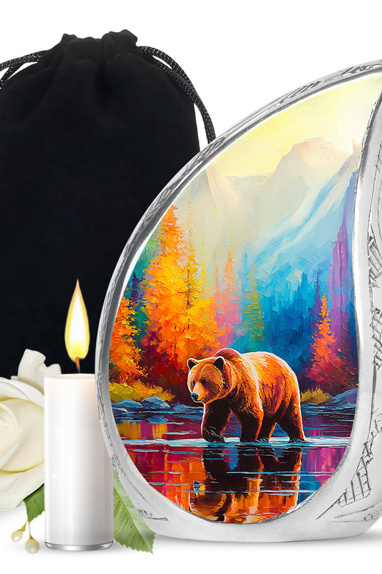 Serene Blue Bear Cremation Urn front view showing detailed design - graceful tear-shaped urn with bear motif - full-size 10 inch 200 cubic inch adult cremation urn