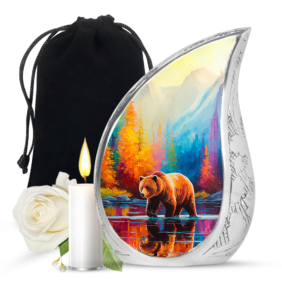 Serene Blue Bear Cremation Urn front view showing detailed design - graceful tear-shaped urn with bear motif - full-size 10 inch 200 cubic inch adult cremation urn