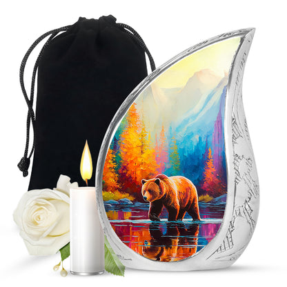 Serene Blue Bear Cremation Urn front view showing detailed design - graceful tear-shaped urn with bear motif - full-size 10 inch 200 cubic inch adult cremation urn