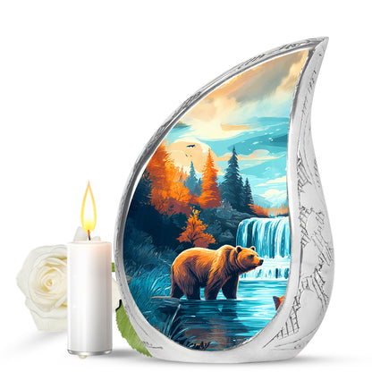 Teal Breathtaking Bear Memorial Urn for Ashes - 10-inch, 200 cu in - Yatskia