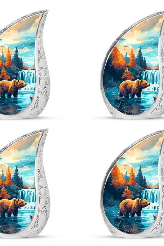 Vivid Teal Bear Cremation Urn close-up of engraving and surface detail - graceful tear-shaped urn with bear motif - 10 inch aluminum urn for cremated remains