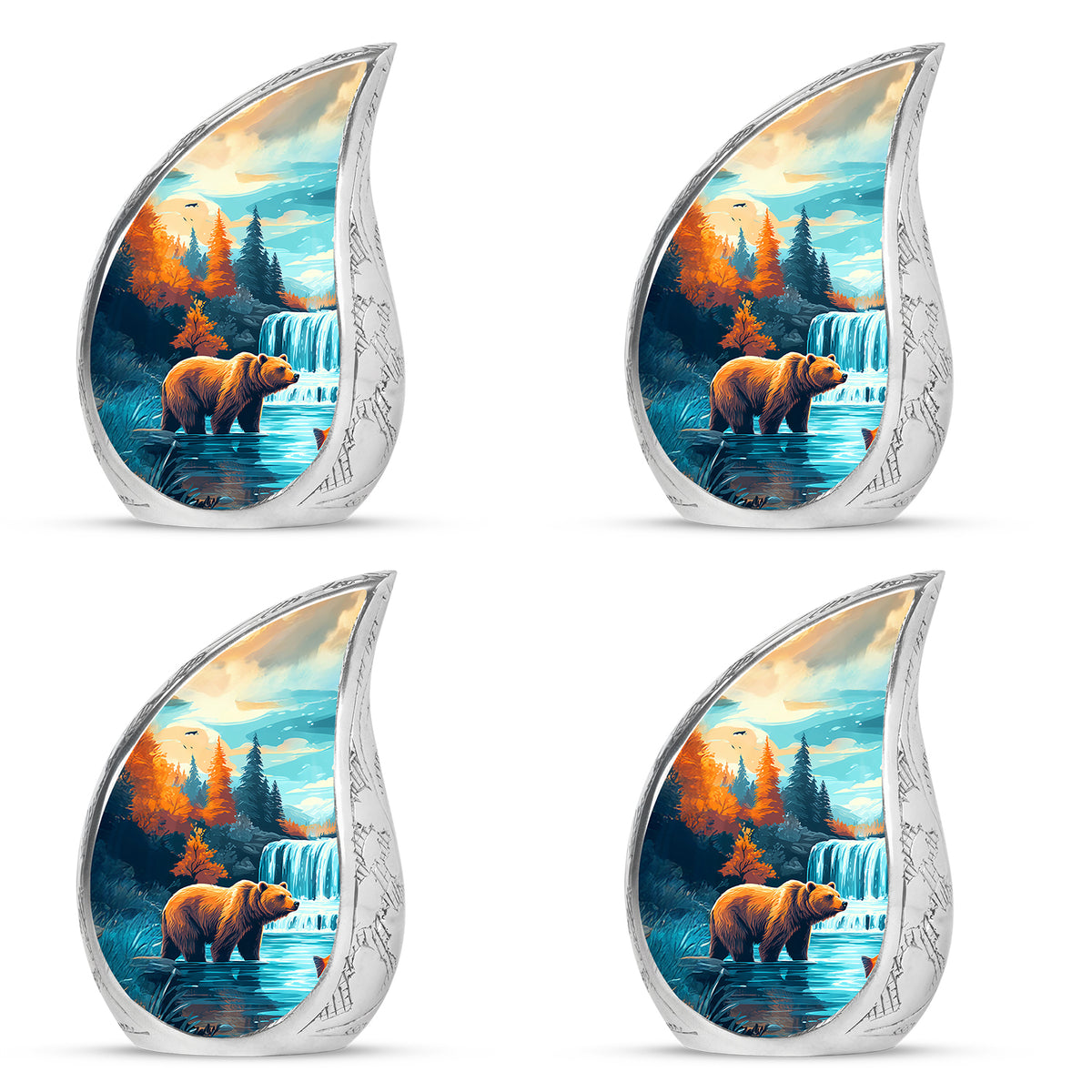 Vivid Teal Bear Cremation Urn close-up of engraving and surface detail - graceful tear-shaped urn with bear motif - 10 inch aluminum urn for cremated remains