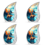 Vivid Teal Bear Cremation Urn close-up of engraving and surface detail - graceful tear-shaped urn with bear motif - 10 inch aluminum urn for cremated remains