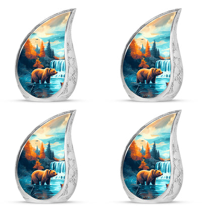 Vivid Teal Bear Cremation Urn close-up of engraving and surface detail - graceful tear-shaped urn with bear motif - 10 inch aluminum urn for cremated remains