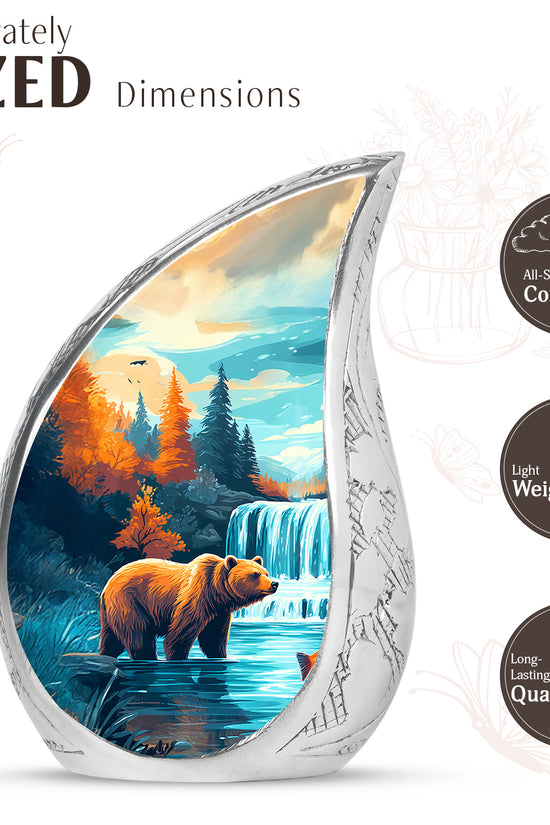 Sea Green Teal Bear Cremation Urn angled view of lid and engraved motif - flowing teardrop bear silhouette on curved aluminum - mini keepsake memorial for portion of cremation ashes
