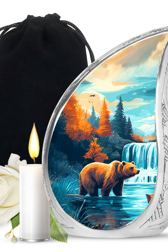 Mystic Teal Bear Cremation Urn front view showing detailed design - graceful tear-shaped urn with bear motif - full-size 10 inch 200 cubic inch adult cremation urn