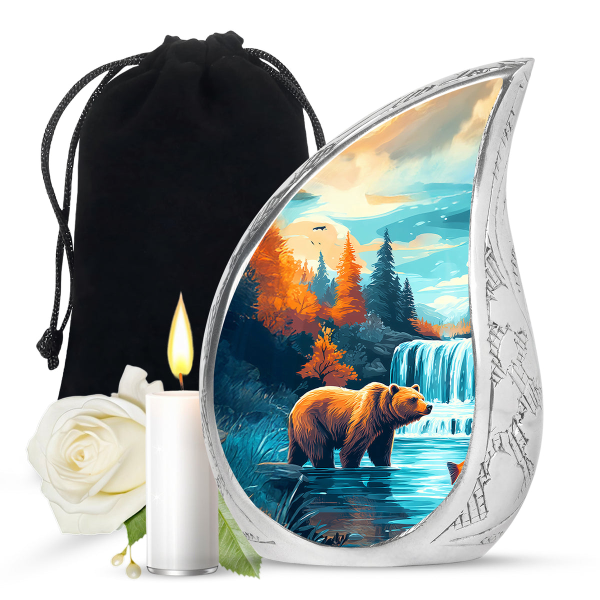 Mystic Teal Bear Cremation Urn front view showing detailed design - graceful tear-shaped urn with bear motif - full-size 10 inch 200 cubic inch adult cremation urn