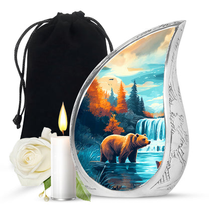 Mystic Teal Bear Cremation Urn front view showing detailed design - graceful tear-shaped urn with bear motif - full-size 10 inch 200 cubic inch adult cremation urn