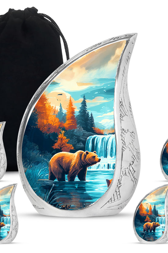 Deep Teal Bear Cremation Urn side profile showing urn shape - graceful tear-shaped urn with bear motif - memorial set with one large and four small urns
