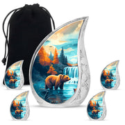 Deep Teal Bear Cremation Urn side profile showing urn shape - graceful tear-shaped urn with bear motif - memorial set with one large and four small urns
