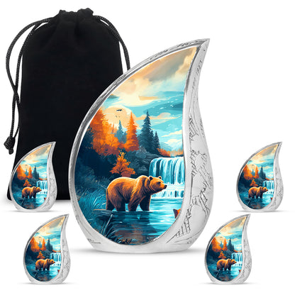 Deep Teal Bear Cremation Urn side profile showing urn shape - graceful tear-shaped urn with bear motif - memorial set with one large and four small urns