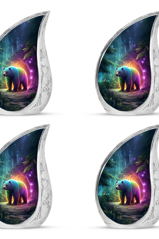 Calming Blue Bear Cremation Urn close-up of engraving and surface detail - smooth teardrop contour featuring bear art - 10 inch aluminum urn for cremated remains