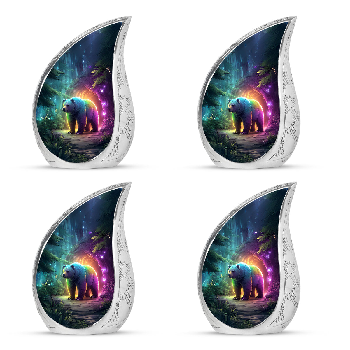 Calming Blue Bear Cremation Urn close-up of engraving and surface detail - smooth teardrop contour featuring bear art - 10 inch aluminum urn for cremated remains